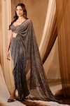 Niamh By Kriti_Gold Chiffon Beads, Sequins Sweetheart Neck Copper Shimmer Saree Set _Online_at_Aza_Fashions