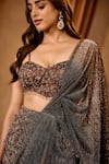 Shop_Niamh By Kriti_Gold Chiffon Beads, Sequins Sweetheart Neck Copper Shimmer Saree Set 