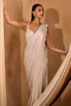 Buy_Niamh By Kriti_Ivory Net Sequins, Pearls Round Neck Embellished Pre-draped Saree Set _Online_at_Aza_Fashions