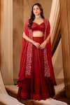 Buy_Niamh By Kriti_Red Georgette, Organza Crystals, Sequins, Embroidery Lehenga Set With Cape _at_Aza_Fashions