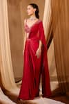 Niamh By Kriti_Red Chanderi Silk Embroidery, Beads, Sequins Round Hand Pre-draped Saree Set _Online_at_Aza_Fashions