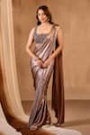 Buy_Niamh By Kriti_Brown Silk Satin Sequins, Beads Square Neck Pre-draped Saree Set _at_Aza_Fashions