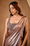 Niamh By Kriti_Brown Silk Satin Sequins, Beads Square Neck Pre-draped Saree Set _Online_at_Aza_Fashions