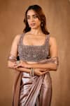Buy_Niamh By Kriti_Brown Silk Satin Sequins, Beads Square Neck Pre-draped Saree Set _Online_at_Aza_Fashions