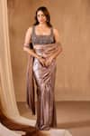 Shop_Niamh By Kriti_Brown Silk Satin Sequins, Beads Square Neck Pre-draped Saree Set 