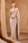 Buy_Niamh By Kriti_Gold Sequins, Beads, Crystals Sweetheart Neck Pre-draped Saree With Blouse _at_Aza_Fashions