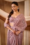 Shop_Niamh By Kriti_Pink Silk, Crepe, Net Sequins, Beads, Embellished Pre-draped Saree And Blouse Set _Online_at_Aza_Fashions