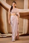 Buy_Niamh By Kriti_Purple Lycra Pearls, Beads, Sequins, Crystals Shimmer Pre-draped Saree Set _at_Aza_Fashions