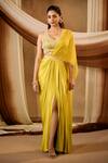 Niamh By Kriti_Yellow Satin, Silk Embroidery, Beads, Sequins, Pearls Scoop Pre-draped Saree Set _Online_at_Aza_Fashions