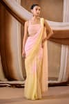 Buy_Niamh By Kriti_Pink Chiffon Embroidery, Beads, Pearls, Crystals And Yellow Shimmer Saree Set _at_Aza_Fashions