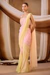 Niamh By Kriti_Pink Chiffon Embroidery, Beads, Pearls, Crystals And Yellow Shimmer Saree Set _Online_at_Aza_Fashions