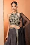 Shop_Neha Khullar_Black Zari, Mirrors Round Neck Zardozi Lehenga Set _at_Aza_Fashions