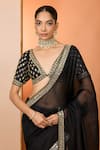 Shop_Neha Khullar_Black Shantoon Mirrors, Zari V-neck Zardozi Saree With Blouse _at_Aza_Fashions
