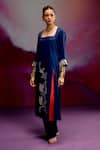Buy_Kavitha Gutta_Blue Satin Embroidery Square Neck Sunray Kurta And Pant Set _at_Aza_Fashions