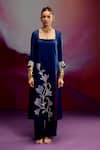 Kavitha Gutta_Blue Satin Embroidery Square Neck Sunray Kurta And Pant Set _Online_at_Aza_Fashions
