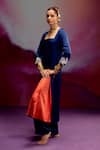 Buy_Kavitha Gutta_Blue Satin Embroidery Square Neck Sunray Kurta And Pant Set _Online_at_Aza_Fashions