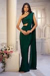 Buy_Aariyana Couture_Green Viscose, Crepe Embroidery One Shoulder Pre-draped Saree With Bustier _at_Aza_Fashions