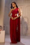 Buy_Aariyana Couture_Red Viscose, Crepe Embroidery Pre-draped Saree With One Shoulder Bustier _at_Aza_Fashions