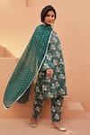 Shop_Gulabo Jaipur_Teal Cotton Embroidery Split V-neck Anjum Green Straight Kurta Set _Online_at_Aza_Fashions