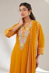 Shop_Ajiesh Oberoi_Mustard Georgette, Rayon Embroidery V-neck Mehek Yellow Kurta Set _at_Aza_Fashions
