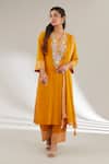 Buy_Ajiesh Oberoi_Mustard Georgette, Rayon Embroidery V-neck Mehek Yellow Kurta Set _at_Aza_Fashions