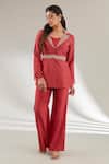 Ajiesh Oberoi_Red Embroidery Collared Upada Silk Jacket Pant Set _Online_at_Aza_Fashions