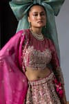 Buy_Aangan By Parul_Pink Organza Sequins, Zari, Embroidery Round Neck Ethereal Cascade Lehenga Set _Online_at_Aza_Fashions