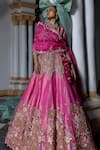 Aangan By Parul_Pink Organza Sequins, Zari, Embroidery Round Neck Ethereal Cascade Lehenga Set _at_Aza_Fashions