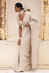 Aangan By Parul_White Tissue, Handloom Cotton Embroidery, Beads Plunge Gossamer Grace Saree Set _at_Aza_Fashions