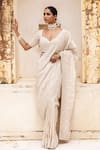 Buy_Aangan By Parul_White Tissue, Handloom Cotton Embroidery, Beads Plunge Gossamer Grace Saree Set _at_Aza_Fashions
