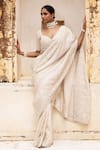 Buy_Aangan By Parul_White Tissue, Handloom Cotton Embroidery, Beads Plunge Gossamer Grace Saree Set 