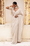 Shop_Aangan By Parul_White Tissue, Handloom Cotton Embroidery, Beads Plunge Gossamer Grace Saree Set 