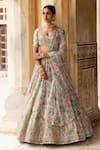 Buy_Aangan By Parul_Gray Organza Embroidery, Sequins V-neck Glistening Garden Lehenga Set _at_Aza_Fashions
