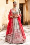 Buy_Aangan By Parul_Red Silk Sequins, Embroidery V-neck Radiant Vermilion Lehenga Set _at_Aza_Fashions