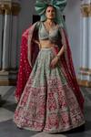Aangan By Parul_Red Silk Sequins, Embroidery V-neck Radiant Vermilion Lehenga Set _at_Aza_Fashions