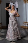 Buy_Aangan By Parul_Gray Organza Feathers V-neck Opal Bliss Gown _at_Aza_Fashions