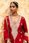Buy_Aangan By Parul_Red Silk, Cotton Embroidery V-neck Kashmir Inspired Sharara Set _Online_at_Aza_Fashions