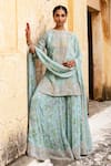 Buy_Aangan By Parul_Blue Organza Sequins, Embroidery Round Neck Bliss Sharara Set _at_Aza_Fashions