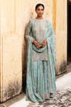 Aangan By Parul_Blue Organza Sequins, Embroidery Round Neck Bliss Sharara Set _at_Aza_Fashions
