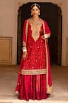 Buy_Aangan By Parul_Red Silk, Cotton Embroidery, Zari Round Neck Signature Raw Bridal Sharara Set _Online_at_Aza_Fashions
