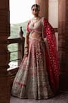Shop_Aangan By Parul_Red Organza Sequins, Zari Plunge Neck Empress Bridal Lehenga Set _Online_at_Aza_Fashions