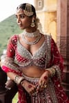 Aangan By Parul_Red Organza Sequins, Zari Plunge Neck Empress Bridal Lehenga Set _at_Aza_Fashions