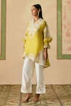 Chandrima_Yellow Silk Organza, Chanderi Embroidery V-neck Color Block Tunic And Sheer Pants _Online_at_Aza_Fashions