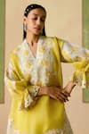 Buy_Chandrima_Yellow Silk Organza, Chanderi Embroidery V-neck Color Block Tunic And Sheer Pants _Online_at_Aza_Fashions