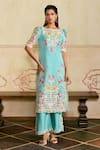 Buy_Chandrima_Aqua Silk Organza, Chanderi Applique, Cut Work Square Neck Kurta Set _at_Aza_Fashions