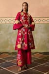 Buy_Chandrima_Fuchsia Chanderi Embroidery Round Neck Floral Cutwork Kurta And Flared Pant Set _at_Aza_Fashions