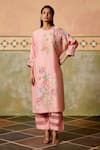 Buy_Chandrima_Pink Chanderi Embroidery Round Neck Mosaic Floral Kimono Kurta And Pant Set _at_Aza_Fashions