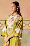Chandrima_Olive Green Chanderi Embroidery Round Neck Color Block Kurta Set _Online_at_Aza_Fashions