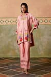 Buy_Chandrima_Pink Chanderi Embroidery, Beads V-neck Rose Threadwork Tunic And Pant Set _at_Aza_Fashions