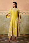 Chandrima_Yellow Chanderi Embroidery Round Neck Flared Long Kurta And Sheer Panel Pants _at_Aza_Fashions
